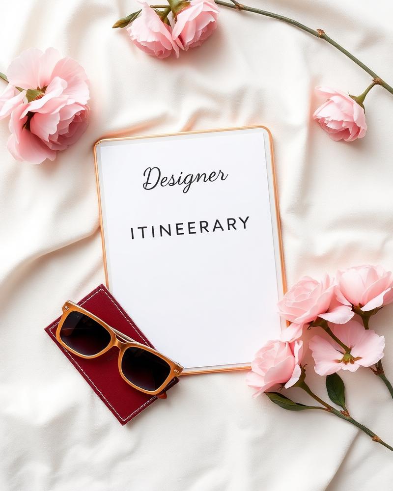A flatlay of a designer travel itinerary, passport, and pink florals